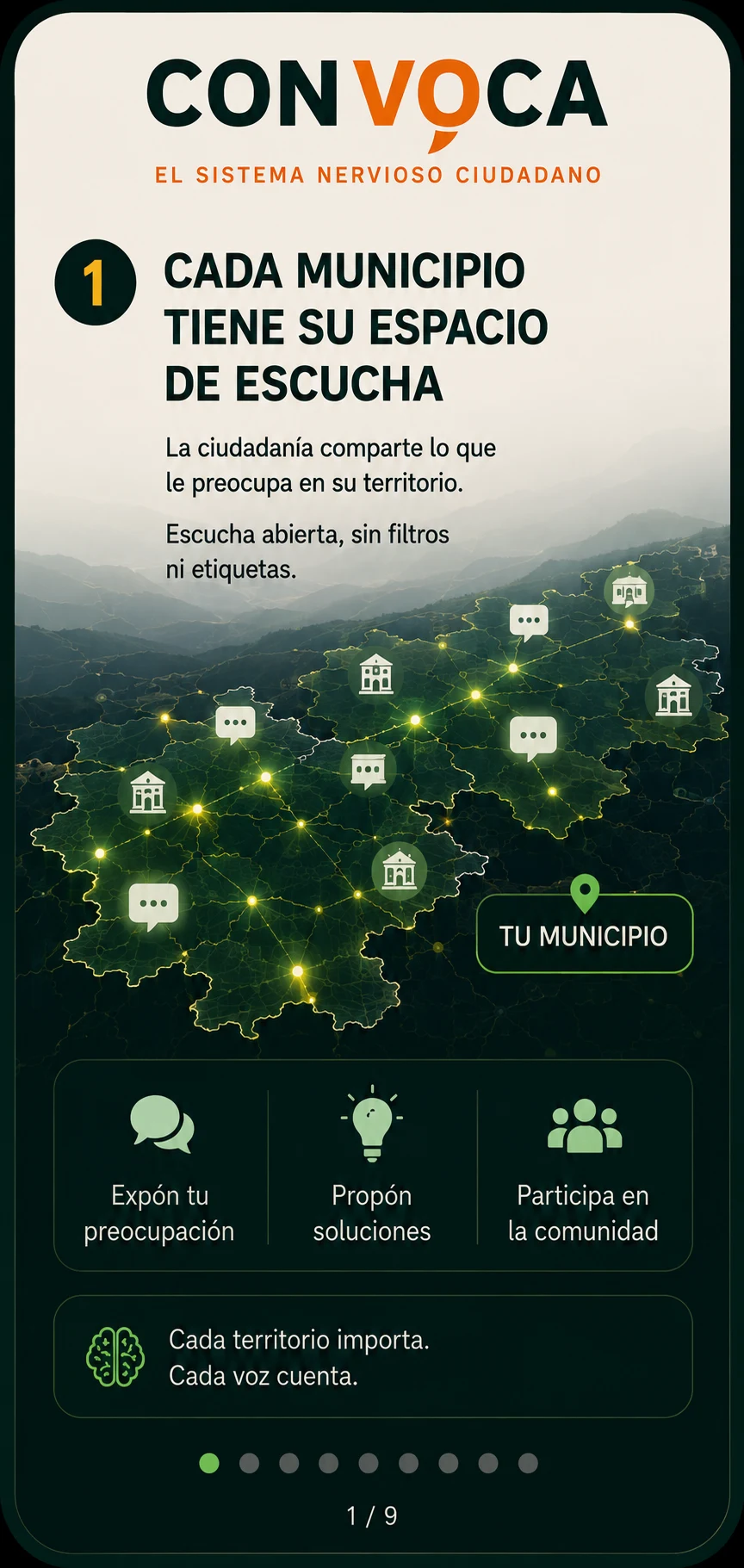 Mapa iluminado con nodos de conversación conectando los municipios de un territorio, con la etiqueta 'Tu municipio' señalando un punto concreto.
